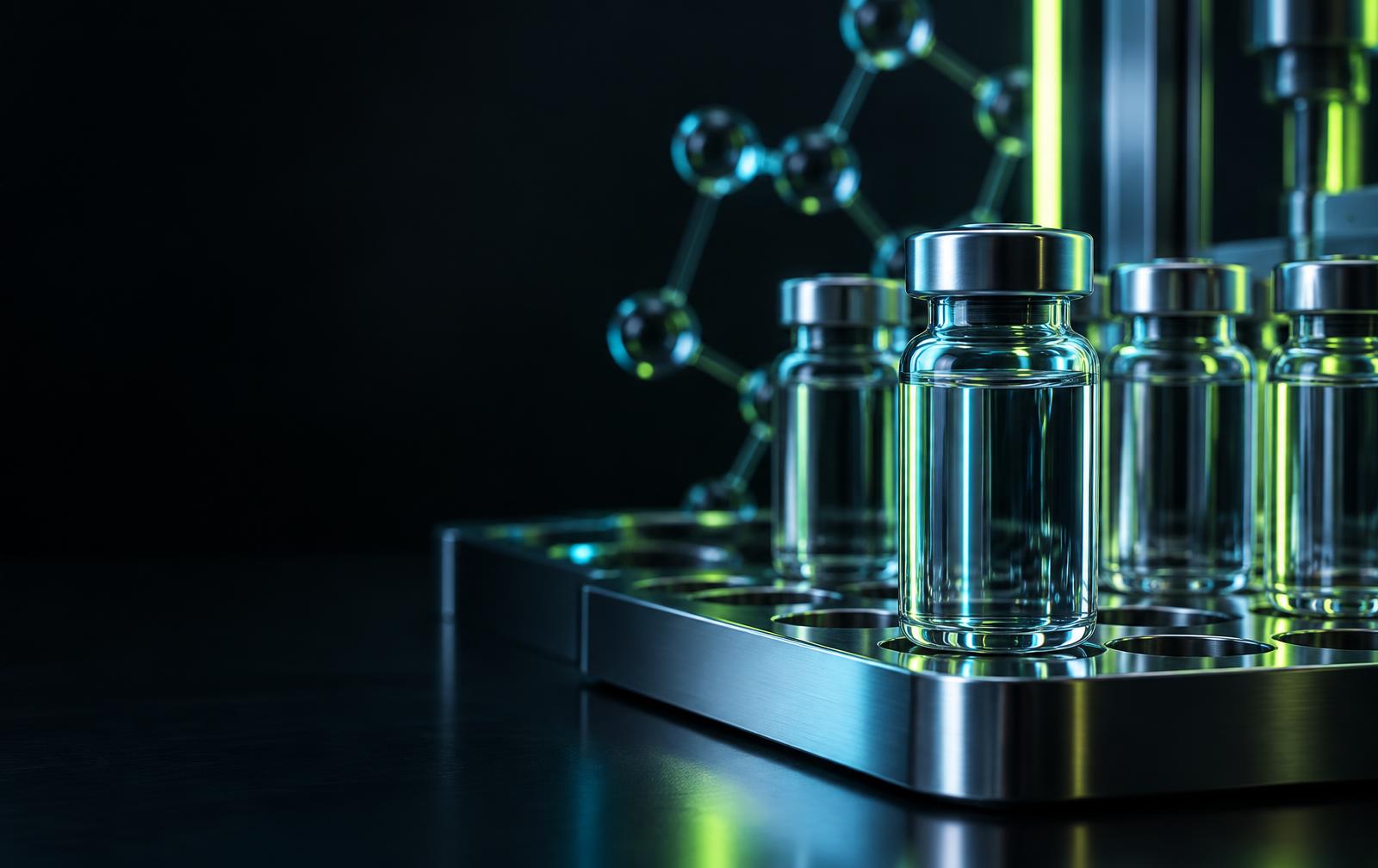 Laboratory vials arranged in a stainless steel research tray